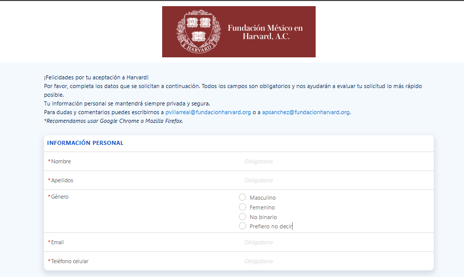 Formulario solicitud Becas Harvard